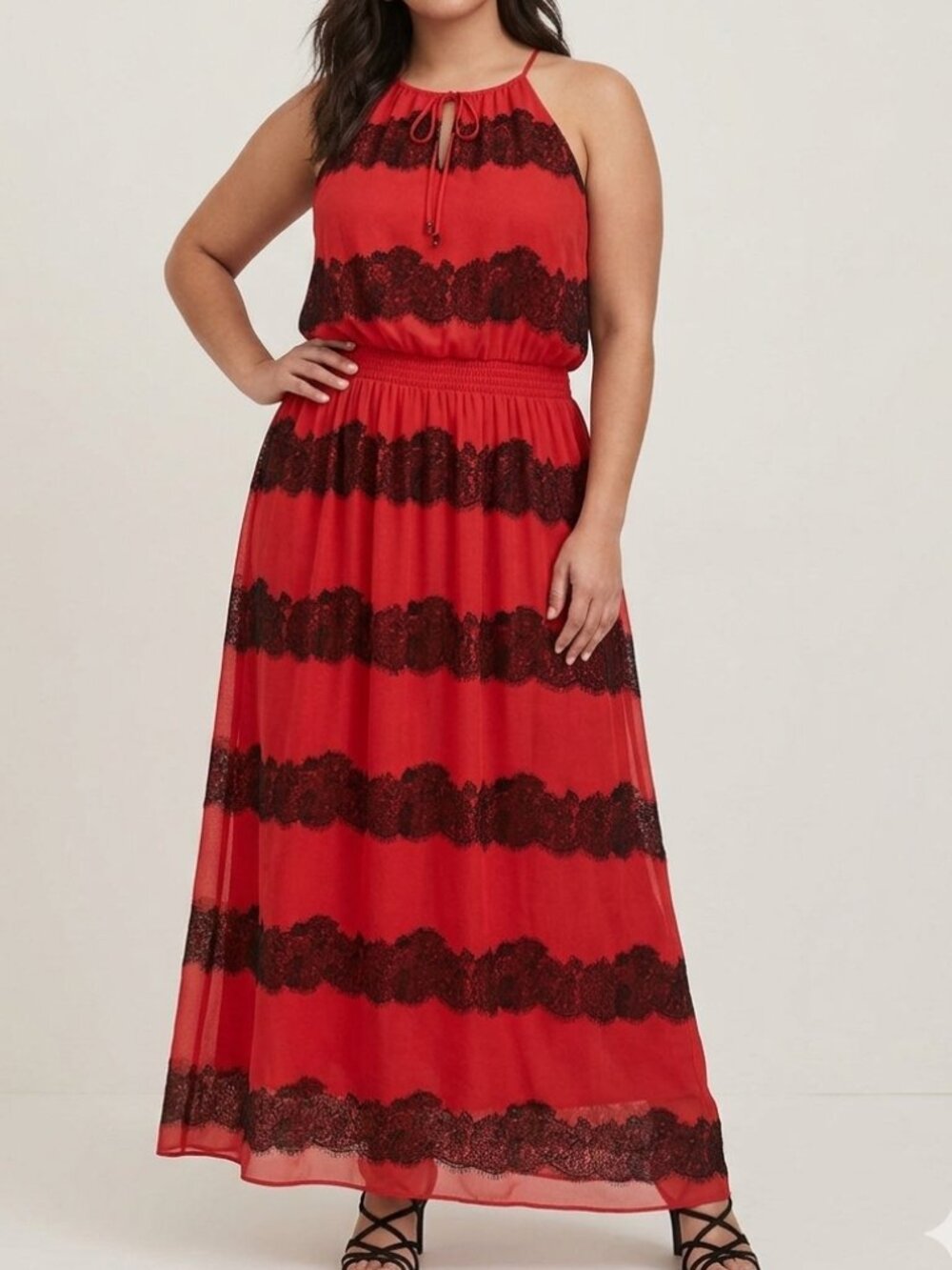 En Focus Studio Orange Black Lace Print Halter Keyhole Maxi Dress Size 10